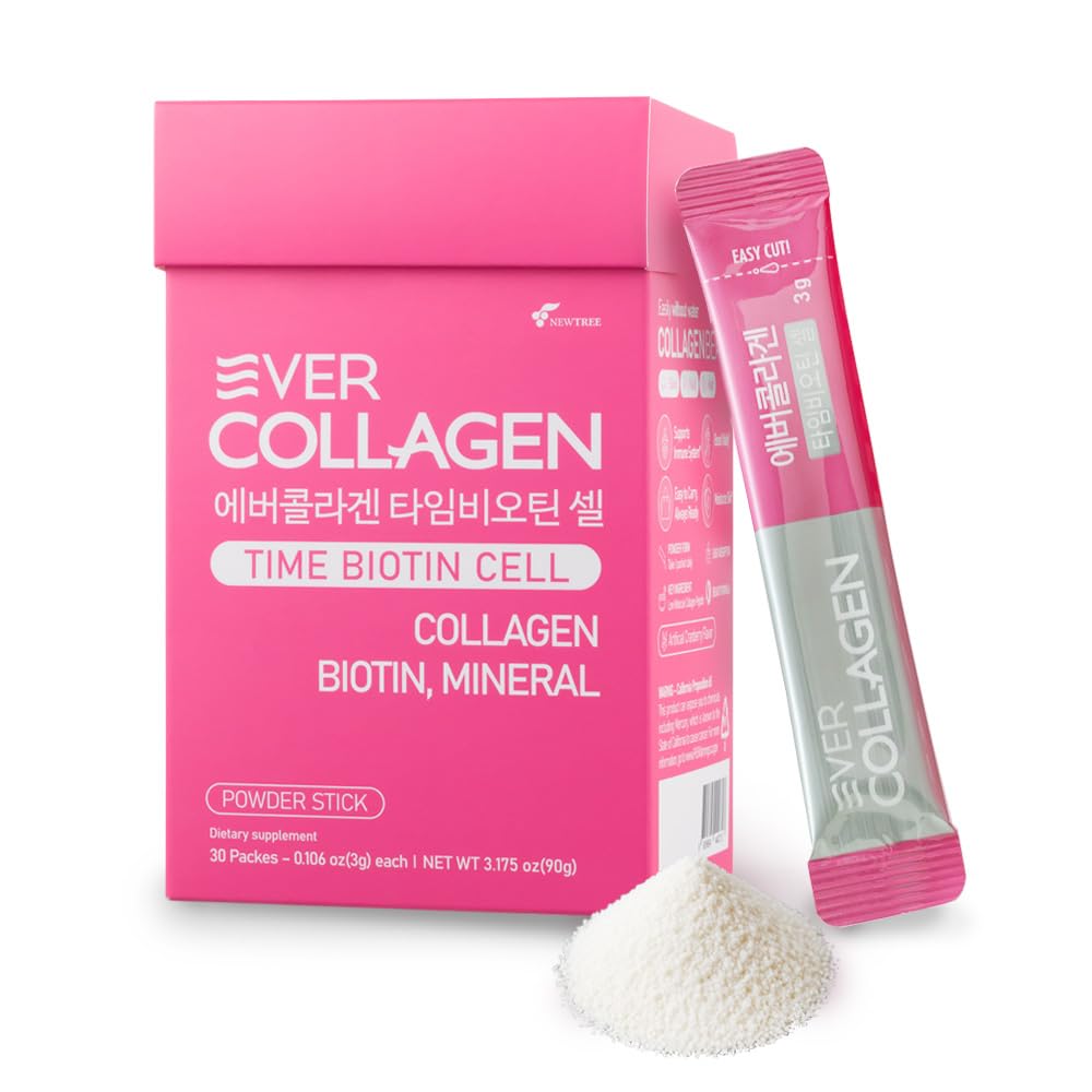 Ever Collagen Time Time Biotin Cell Low Molecular Weight Marine Collagen Peptides Powder Supplement, 30 Sticks