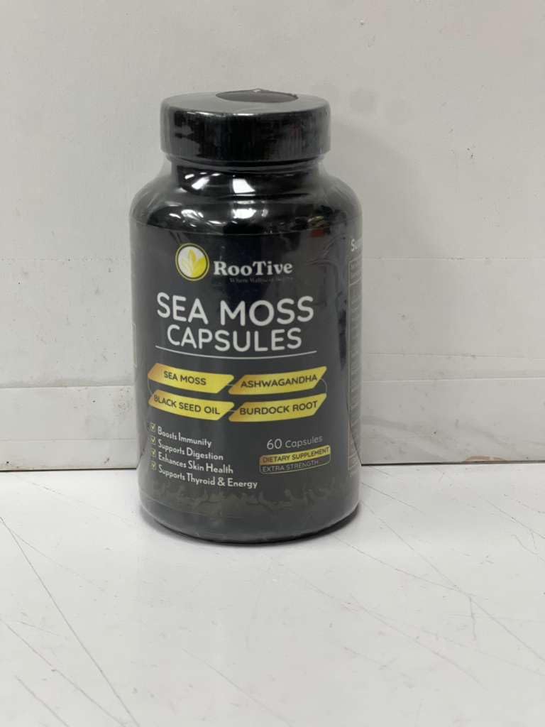 ROOTIVE Sea Moss Capsules with Turmeric 450mg, Black Seed 200mg & Ashwagandha 100mg - Irish Sea Moss Supplement with Bladderwrack, Burdock Root & Black Pepper, 60 Capsules