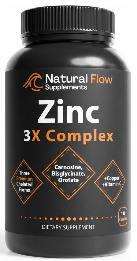 Natural Flow Supplements Zinc Supplement Complex with Copper and Vitamin C Capsules, 120 Count