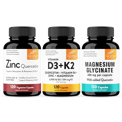 Sandhu's Zinc Quercetin Bundle with Magnesium Glycinate & Vitamin D3 K2 5000 IU Capsules, 360 Capsules