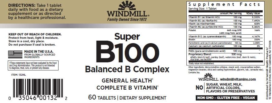 Windmill Vitamin B-100 Complex, 60 Tablets