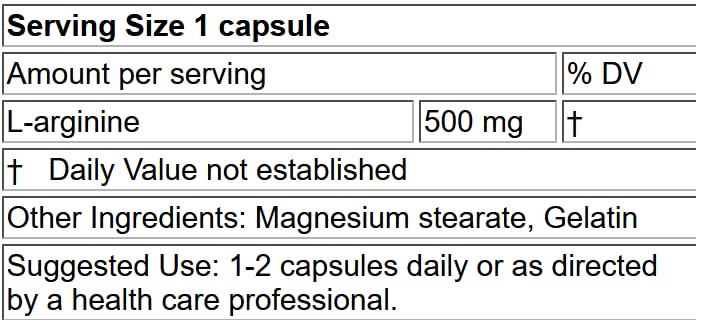 LifeLink L-Arginine 500 mg Capsules, 100 Count