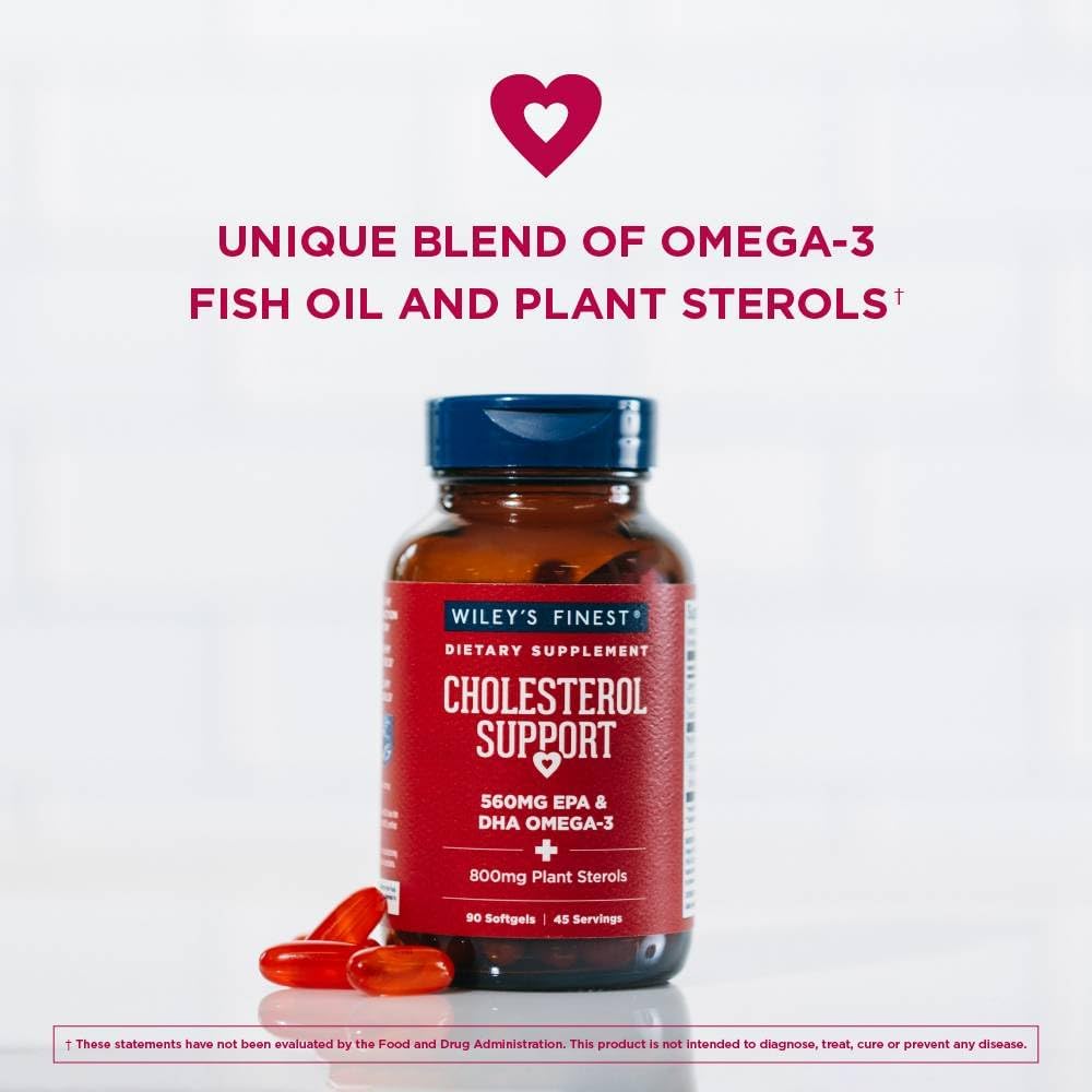 Wiley's Finest Wild Alaskan Fish Oil Cholesterol Support - Heart Health Supplement, 560mg Omega-3s, Softgels 90