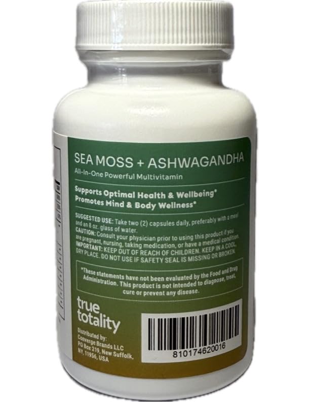 True Totality Sea Moss Capsules with Ashwagandha – Turmeric, Bladderwrack, Burdock, Elderberry, Black Seed Oil & Iodine – Immune, Energy & Stress Support Supplement – Doctor Formulated, 60 Vegan Capsules