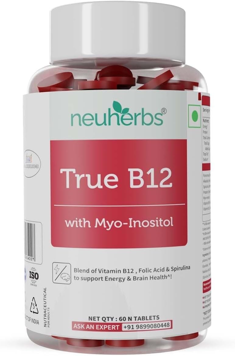 Generic Plant-Based True B12 Supplements for Men & Women with Myo-inositol, Folic Acid & Spirulina 60 Tablets