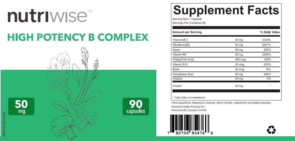 NutriWise High Potency B Complex Capsules, 90 Count
