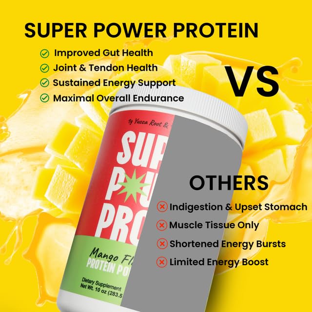 SUPER POWER PROTEIN Hydrolyzed Beef Collagen Peptides Powder with Cordyceps & Yucca Root Mango Flavor, 10 oz