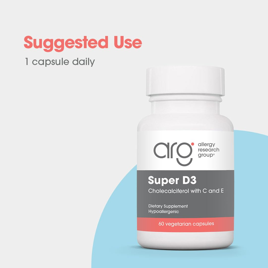 Allergy Research Group Super D3 Dietary Supplement Bone & Immune Support, Cholecalciferol with C & E Capsules, 60 Count
