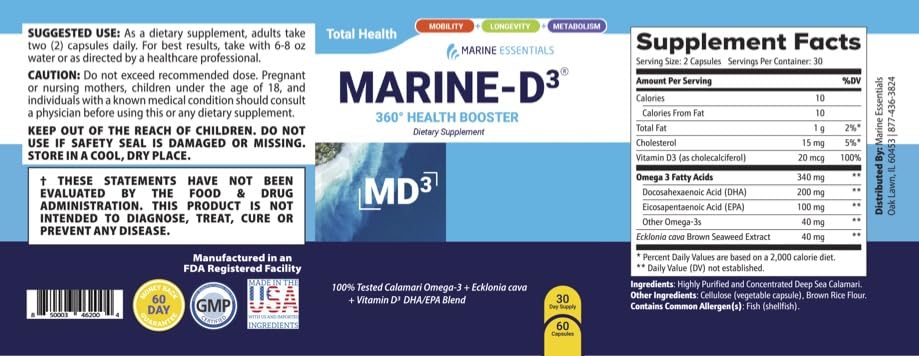 Marine Essentials Marine D3 Omega 3 Calamari Ecklonia Cava DHA Capsules, 2 Bottles - 120 Capsules