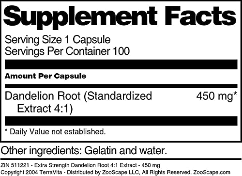 Terravita Extra Strength Dandelion Root 4:1 Extract - 450 mg, Capsules, 100 Count