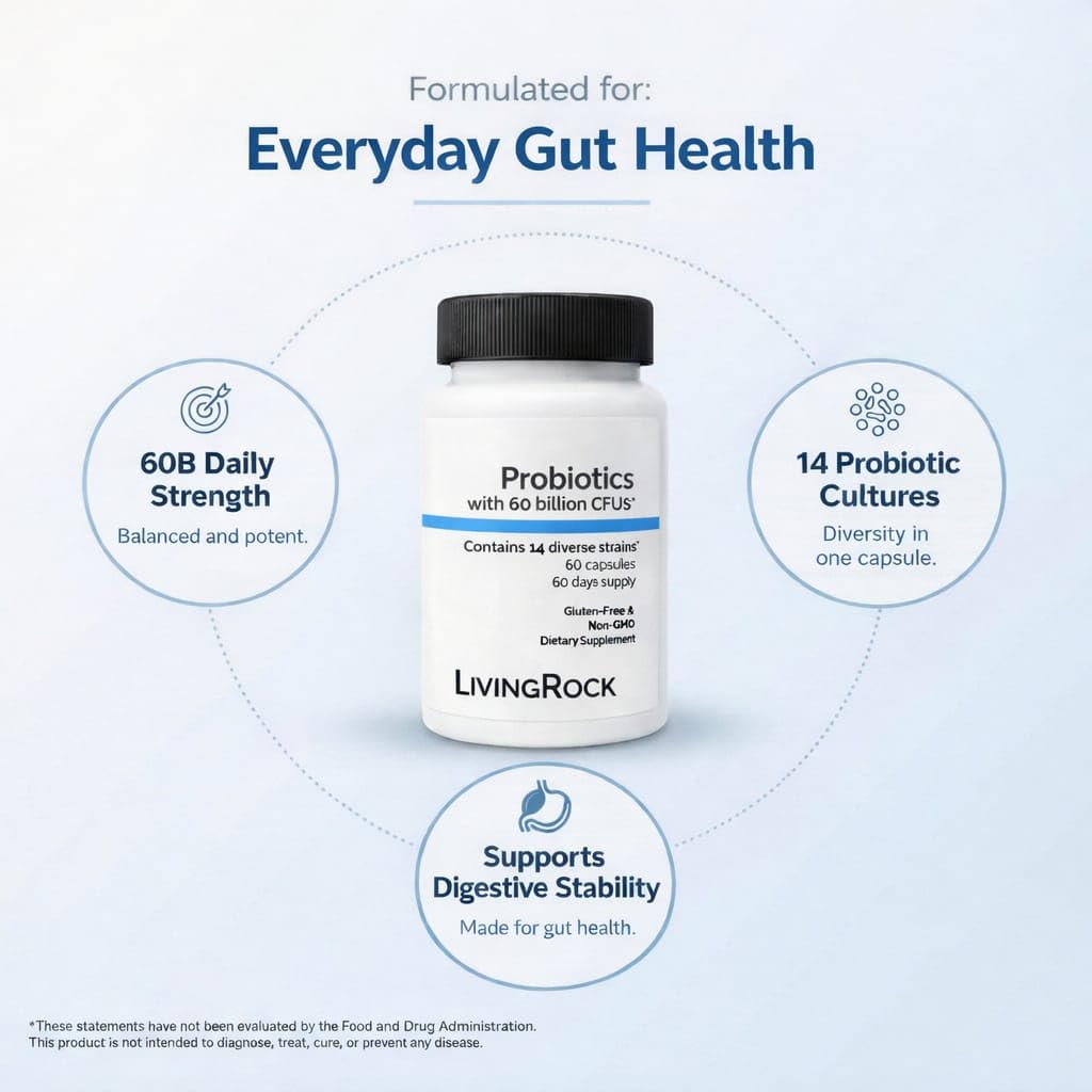 LivingRock Probiotics 60 Billion CFU – 14 Diverse Strains + Prebiotic Fiber (FOS) with Zinc & Vitamin D3 – Gluten-Free, Non-GMO Dietary Supplement, 60 Capsules