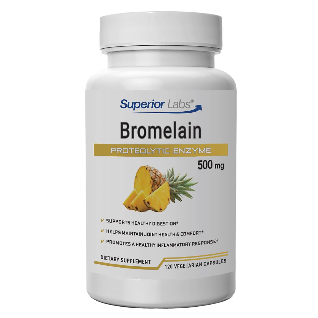 Superior Labs Bromelain 500mg – 2400 GDU/Gram Non-GMO Pineapple Enzyme, Plant-Based Digestive Support, Promotes Joint Comfort & Tissue Health, 120 Veg Caps