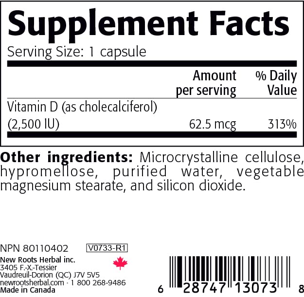 New Roots Herbal Vitamin D3 2500 IU (62.5 mcg), Non-GMO & Gluten-Free, 90 Veg Caps