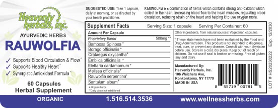 Heavenly Herbals, Inc. Rauwolfia Capsules 60 Count