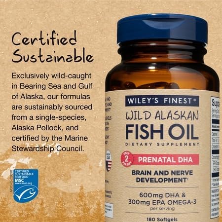 Wiley's Finest Wild Alaskan Fish Oil Prenatal DHA - 900mg EPA and DHA Omega-3s for Pregnant Women and Nursing Mothers Softgels - 180 Count