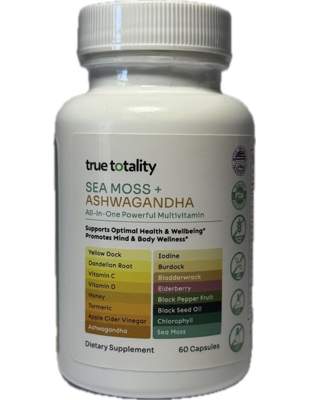 True Totality Sea Moss Capsules with Ashwagandha – Turmeric, Bladderwrack, Burdock, Elderberry, Black Seed Oil & Iodine – Immune, Energy & Stress Support Supplement – Doctor Formulated, 60 Vegan Capsules