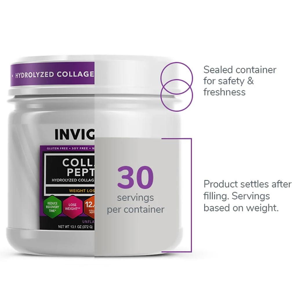 INVIGOR8 Collagen Peptides Powder Hydrolyzed with Vitamin C Type I, II, & III, Unflavored Non-GMO Grass-Fed 13.1 Ounce