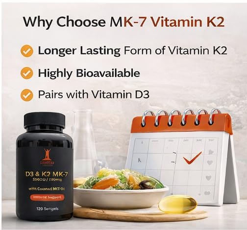 Elevated Nutrition Vitamin D3+K2 MK-7 with Coconut MCT Oil Softgels, 120 Count (5000IU D3 + 100mcg K2 MK-7)