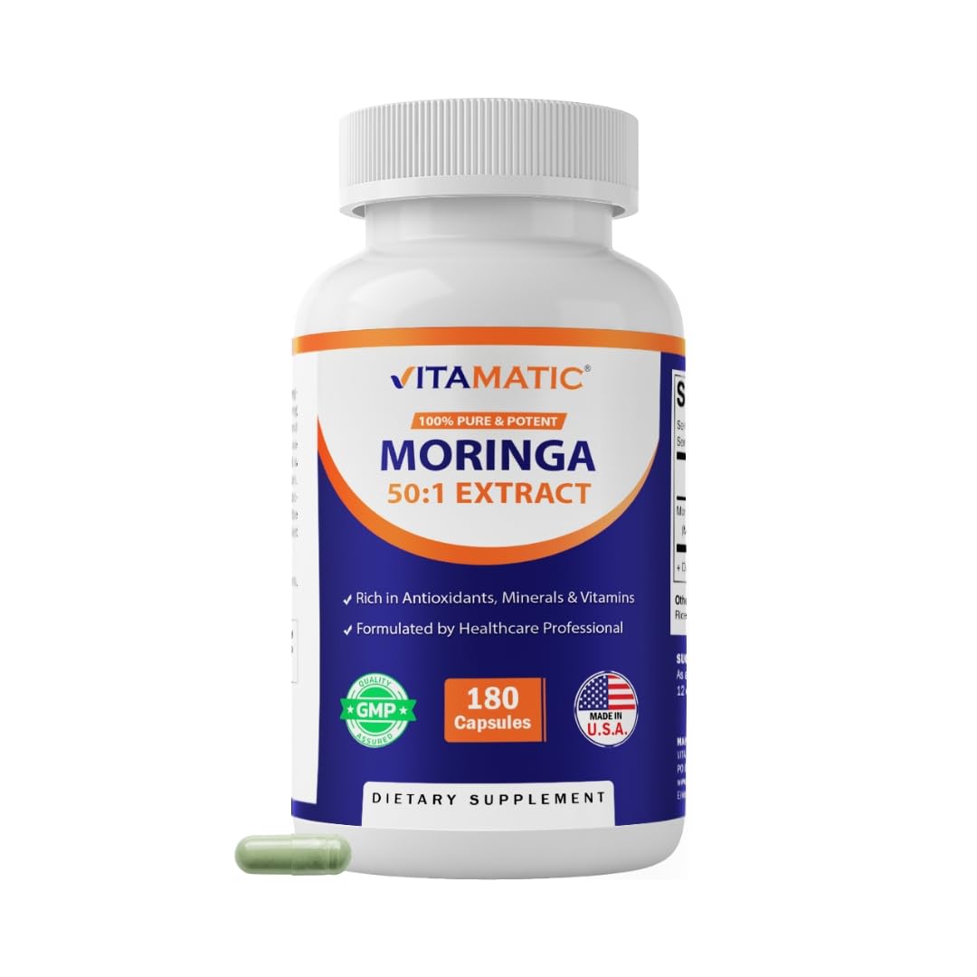Vitamatic Moringa Extract Plant-Based Capsules with Moringa Oleifera Leaf Powder Green Superfood 180 Capsules