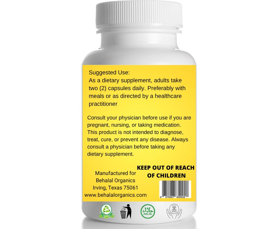 Behalal Organics Turmeric Curcumin 500mg Capsules, 100 Count