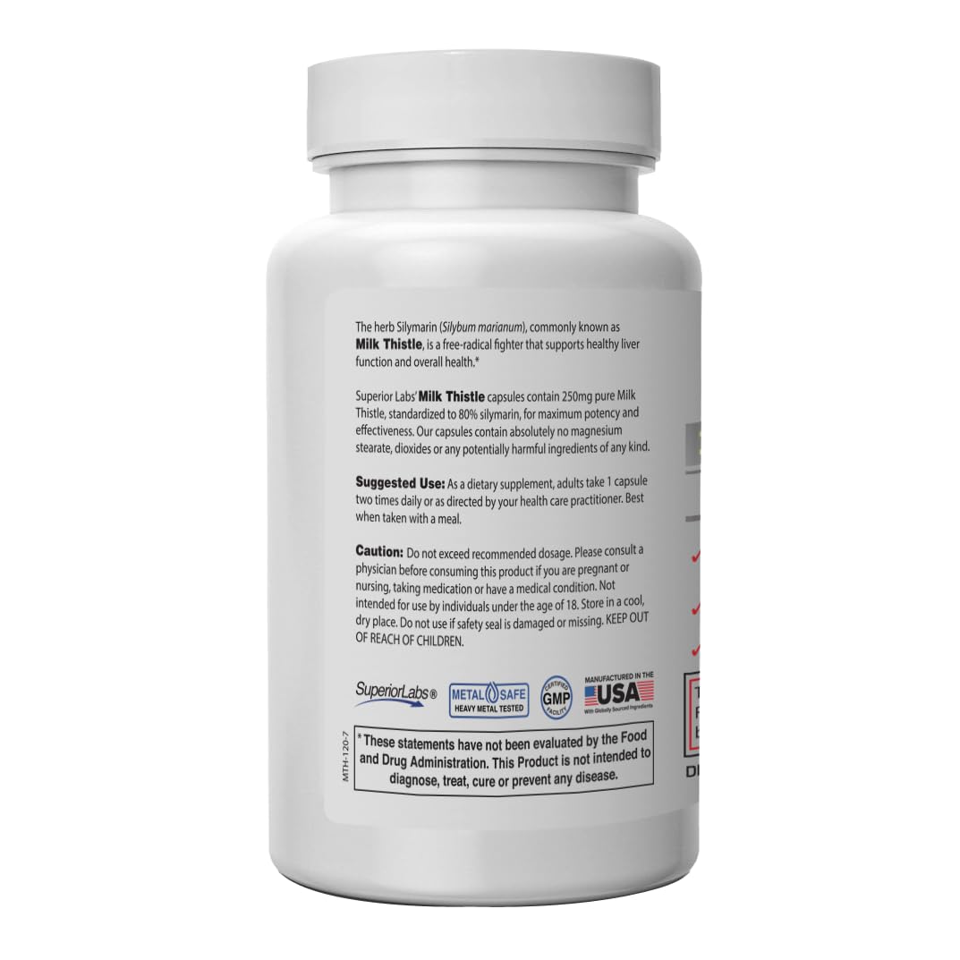 Superior Labs Milk Thistle Non-GMO 80% Silymarin 250mg 4:1 Extract Capsules 120 Count