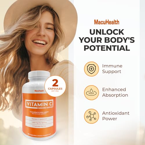 Macuhealth Plus+ Eye Vitamins with Lutein, Zeaxanthin & Meso-Zeaxanthin with Liposomal Vitamin C 1000mg, Fat-Soluble Antioxidants for Eye, Brain & Overall Health, 180 Softgels