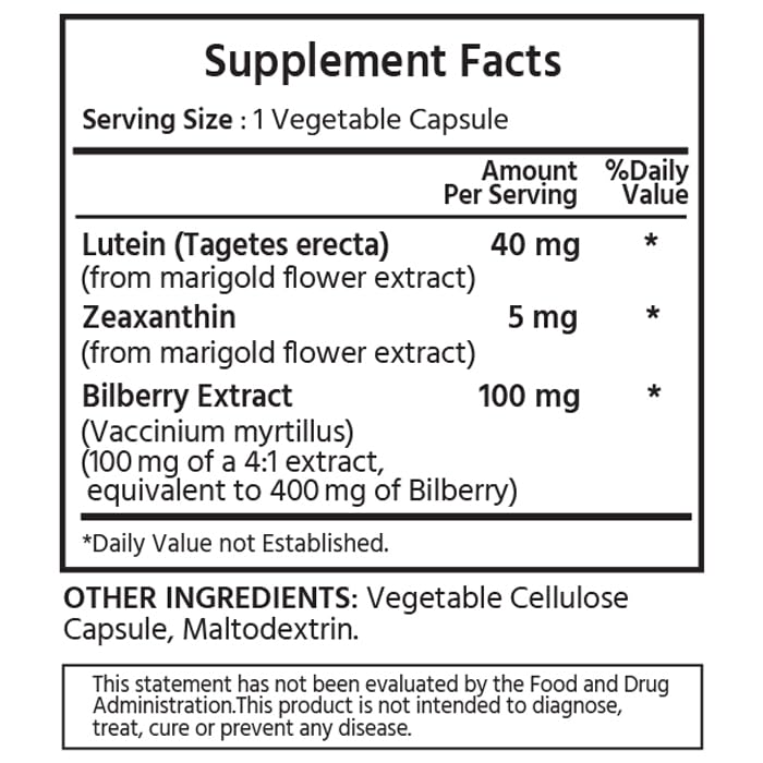 ML Naturals Lutein & Zeaxanthin with Bilberry – 40mg Lutein, 5mg Zeaxanthin & 100mg Bilberry (Per Serving) Capsules 120 Count