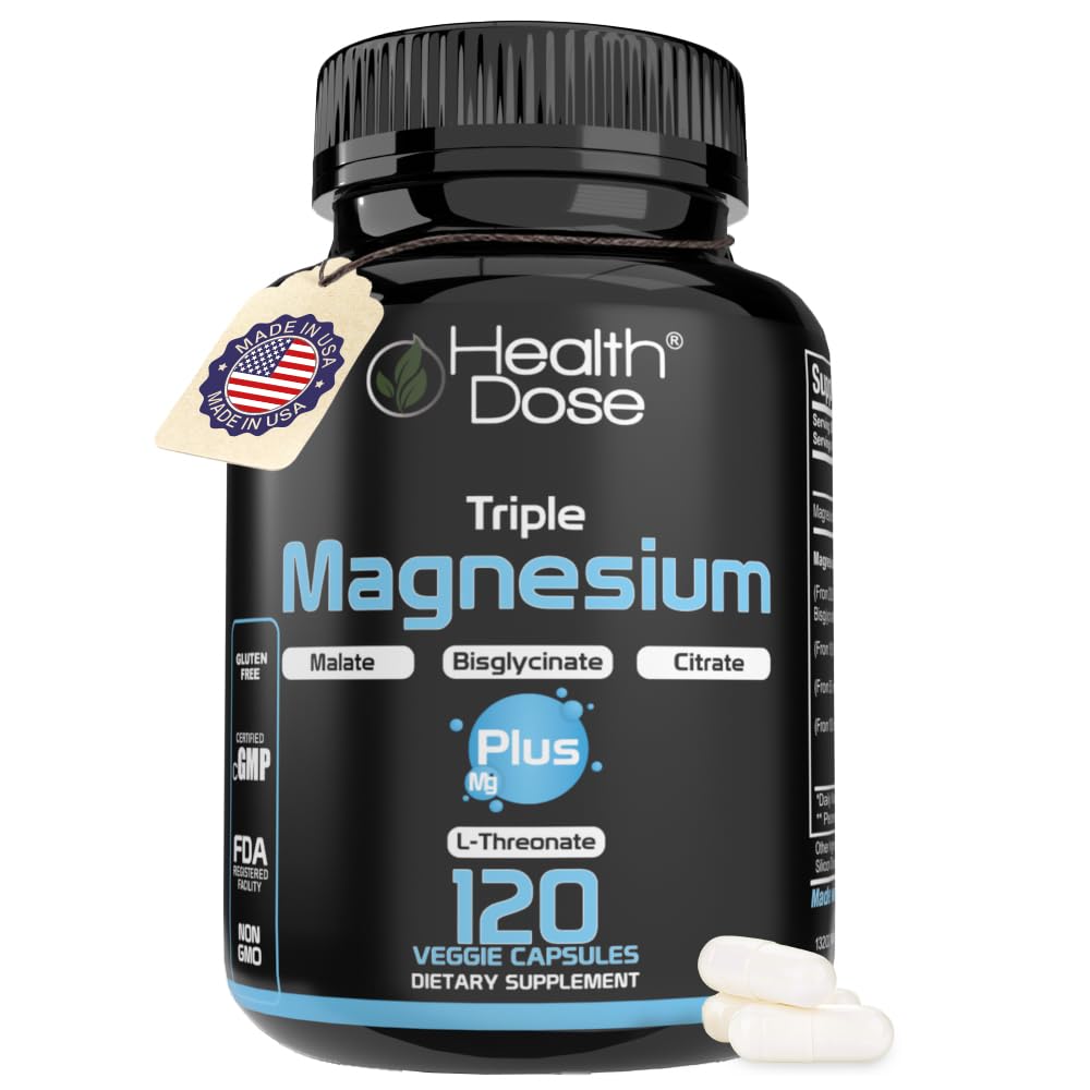 Health Dose Triple Magnesium Complex 1000 mg L-Threonate, Bisglycinate, Citrate & Malate Blend, 120 Capsules