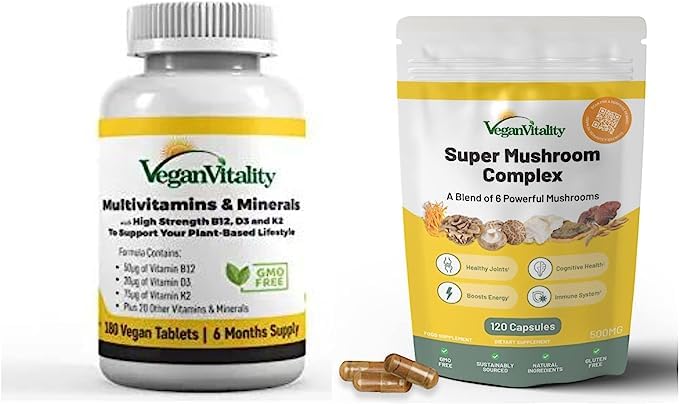 Vegan Vitality Energy Booster Bundle - Vegan Multivitamins and Super Mushroom Complex 2 Capsules