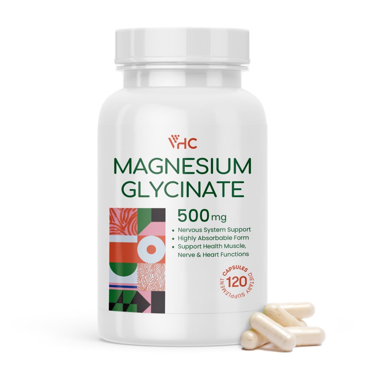 VHC Magnesium Glycinate 500mg Supplement Capsules, 120 Capsules