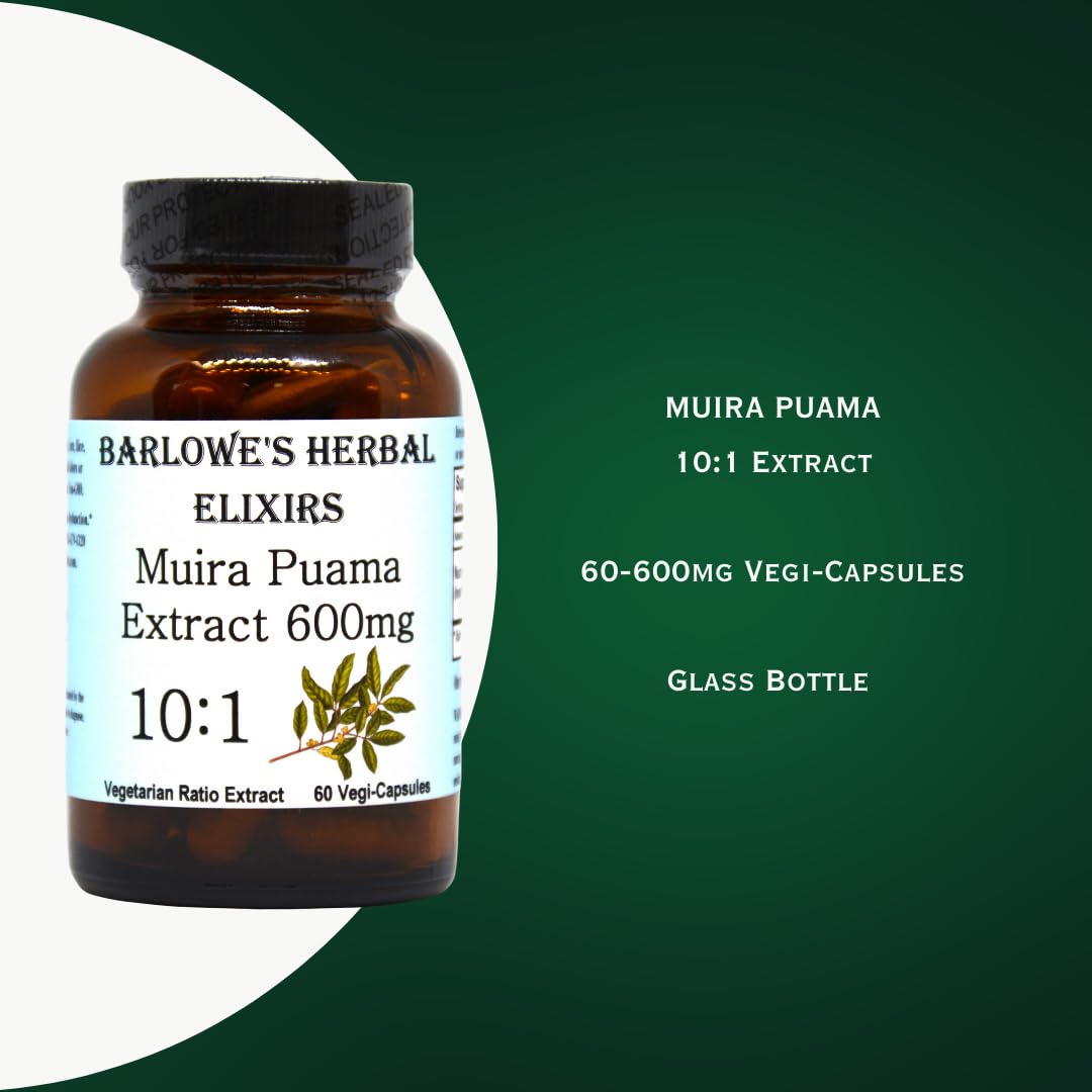 Barlowe's Herbal Elixirs Muira Puama 10:1 Extract 600mg Per Capsule, 60 Vegan Capsules