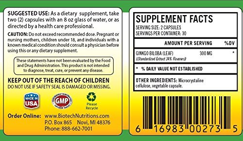 Biotech Nutritions Ginkgo Biloba Capsules, 60 Count