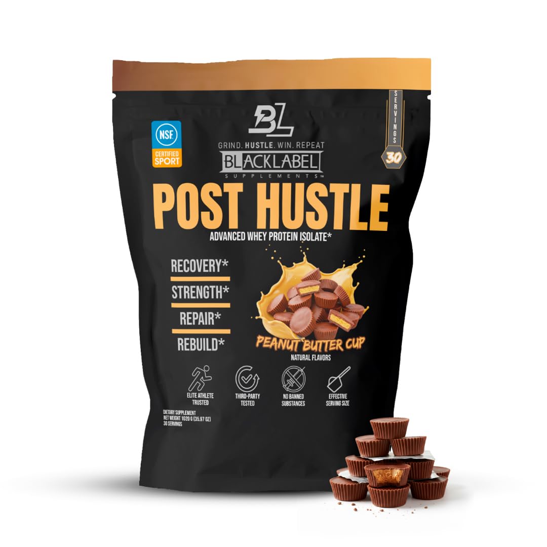 BLACKLABEL Supplements Post Hustle Post Workout Protein Powder Whey Protein Isolate Powder with Digestive Enzymes Peanut Butter Cup, 40 Servings