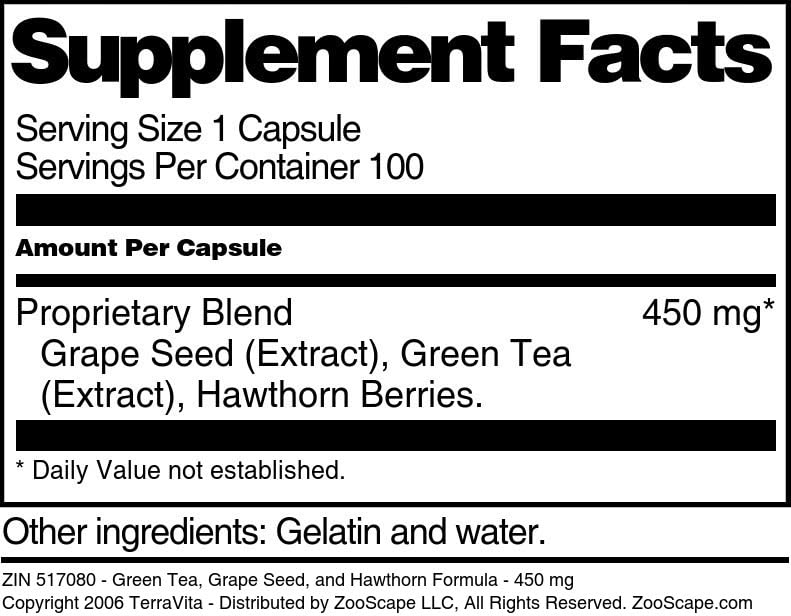 Terravita High Blood Pressure Support - Green Tea, Grape Seed and Hawthorn - 450 mg, 300 Capsules