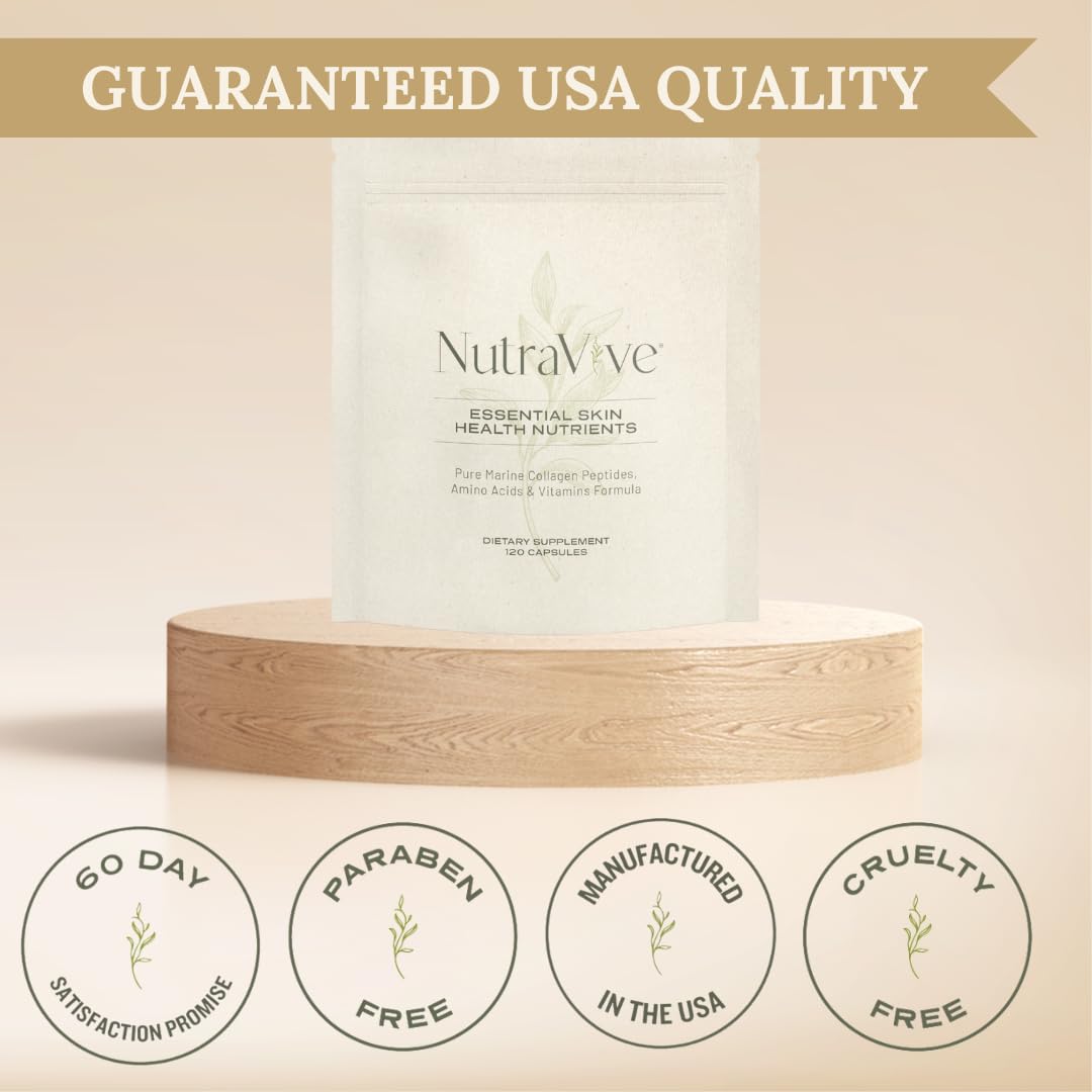 NutraVive Essential Skin Health Nutrients Hydrolyzed Morikol Marine Collagen Peptides, Amino Acids & Vitamins 120 Capsules