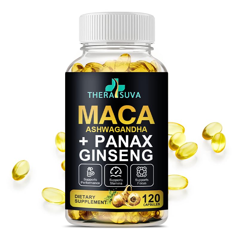 TheraSuva 3 in 1 Ashwagandha + Maca Root + Panax Ginseng Softgels, 120