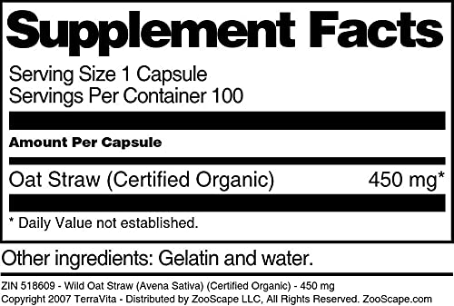 Terravita Wild Oat Straw (Avena Sativa) Certified Organic 450 mg Capsules 300