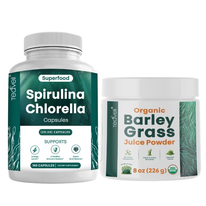 Teaveli Spirulina Chlorella Barley Grass Juice Powder Bundle 2