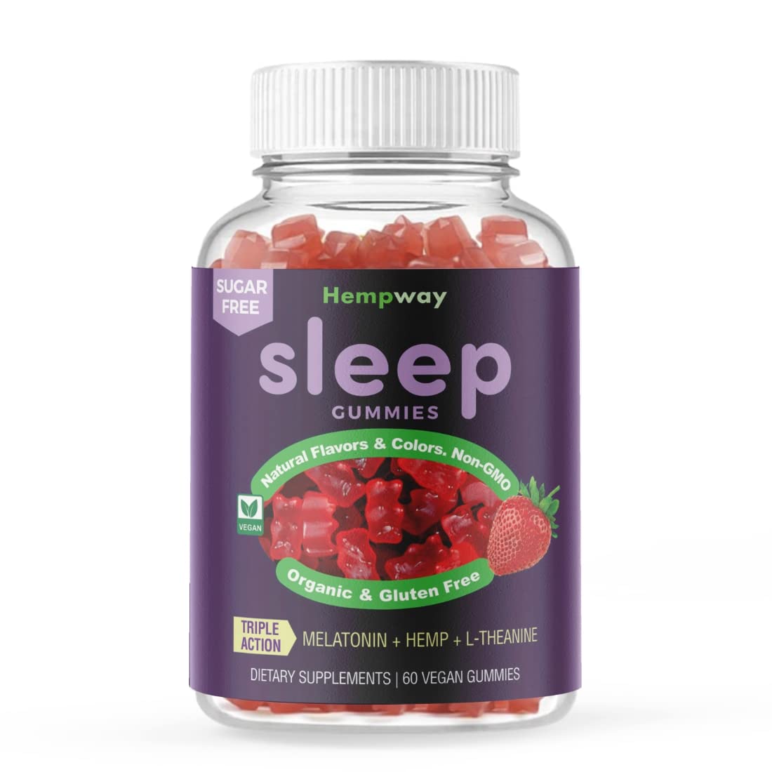HEMPWAY Hemp Gummies for Sleep with L-Theanine & Melatonin, Triple Action, Calm Gummies for Adults and Kids, Sugar Free Strawberry Vegan, 60 Count