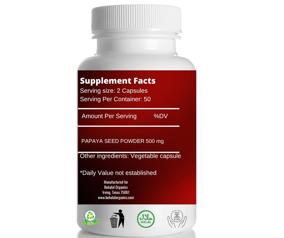Behalal Organics Papaya Seed Capsules 500mg, 100 Capsules