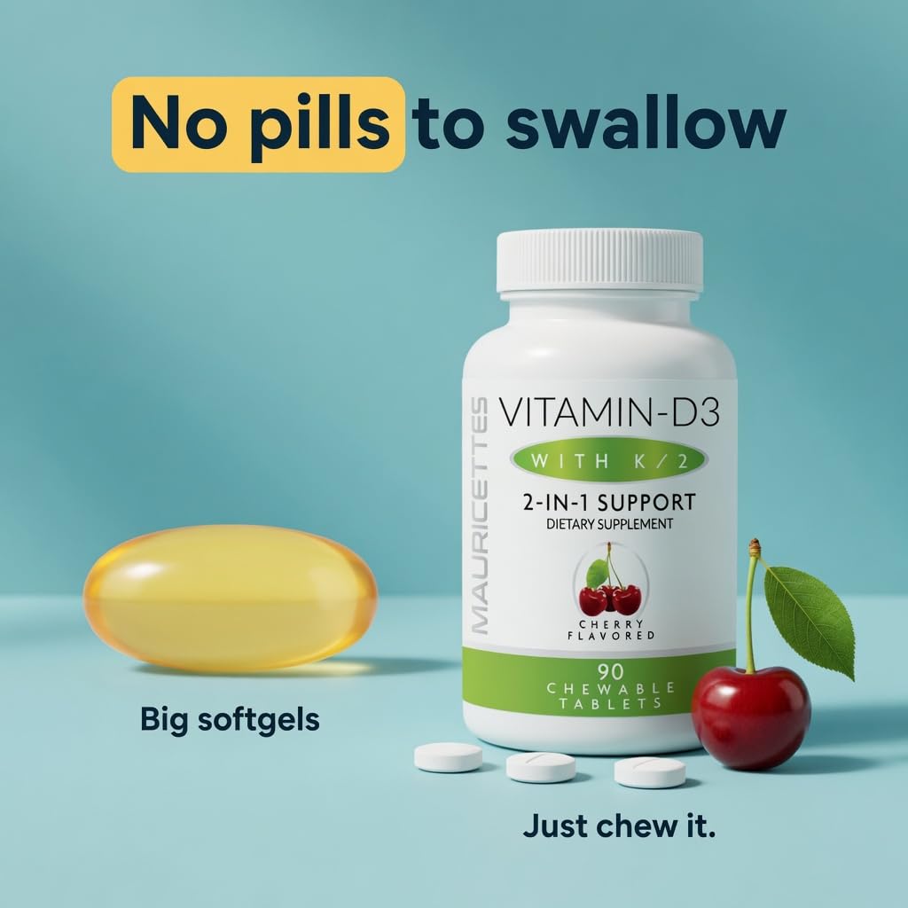 Mauricettes Vitamin D3 + K2 (MK-7) Chewable Tablets, Cherry Flavor, 2,000 IU, 90 Tablets