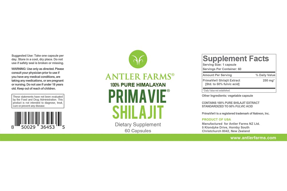 Antler Farms PrimaVie Shilajit for Men Extract Capsules, 60 Count
