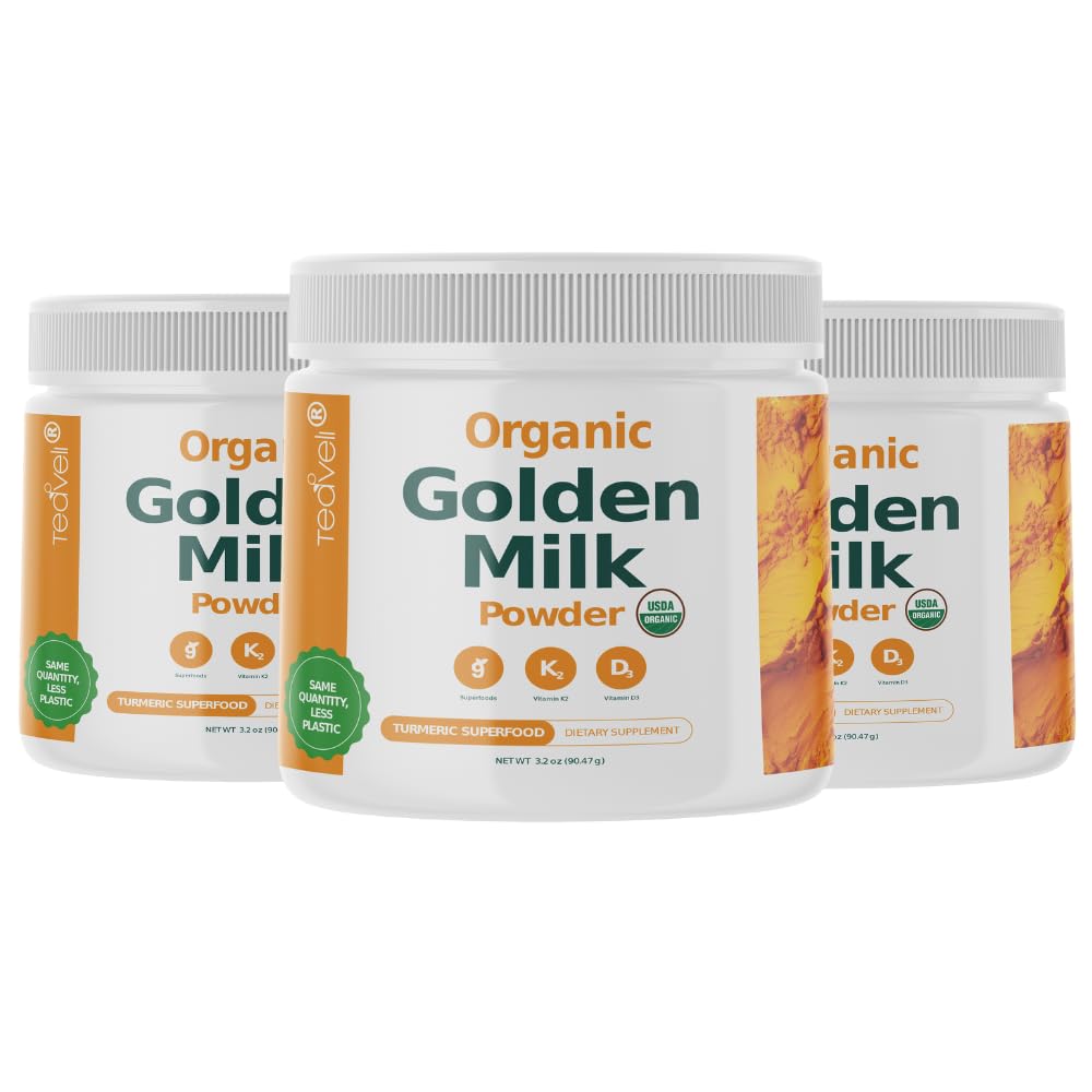 Teaveli Organic Golden Milk Powder with Vitamin D3 & K2, Turmeric, Ginger, Curcumin, Cinnamon, KSM66 Ashwagandha, Holy Basil & Natural Prebiotics Powder, 9.51 oz (Pack of 3)