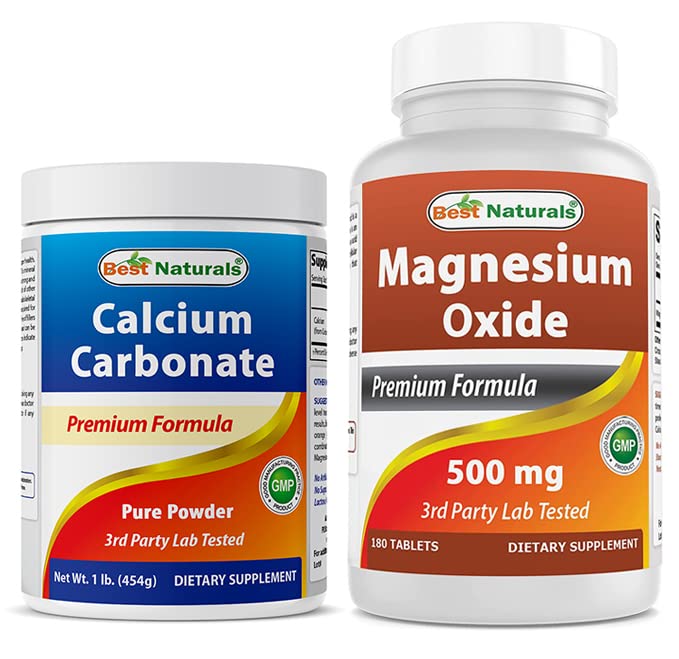 Best Naturals Calcium Carbonate Powder (1 Pound) & Magnesium Oxide 500 mg, 2 Count