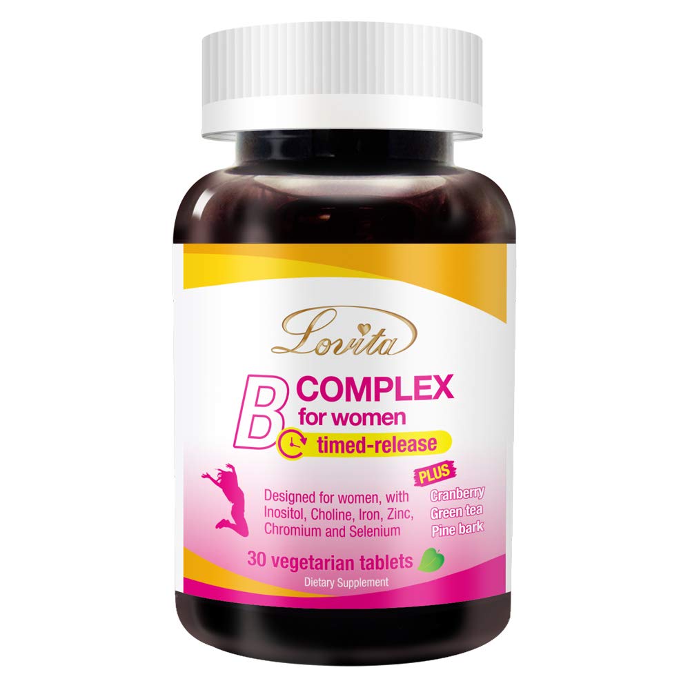 LOVITA B Complex Supplement for Women High Potency Timed Release with Iron, Vitamin C, Cranberry, Pine Bark, Green Tea, 30 Tablets