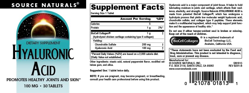 Source Naturals Hyaluronic Acid 100 mg Tablets, 30 Count