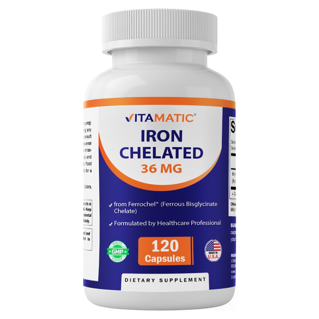 Vitamatic Chelated Iron 36 mg (from Ferrochel Ferrous Bisglycinate Chelate) Capsule, 120 Veg Capsules