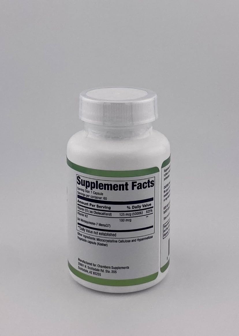 Chambers Supplements Professional D3 & K2 Supplement, 5000IU Vitamin D3 with K2 MK-7, 60 Veggie Capsules