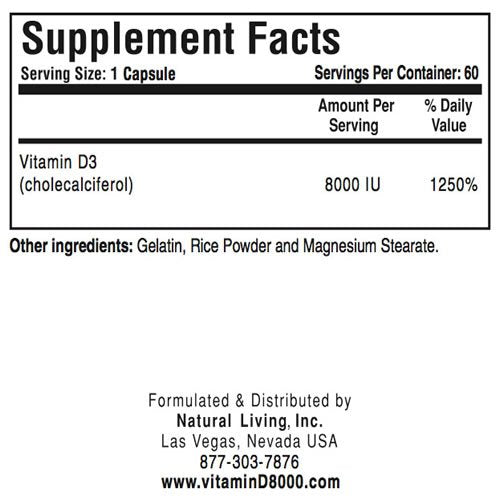 Natural Living Vitamin D3 8000 IU Capsule, 60 Capsules