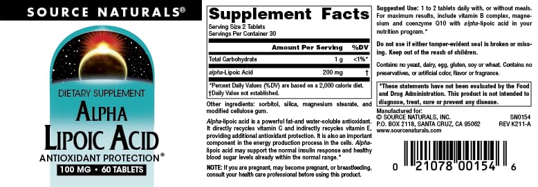 Source Naturals Alpha Lipoic Acid 100 mg Tablets, 60 Count
